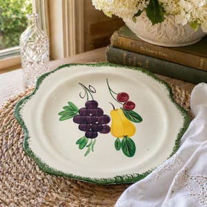 Vintage 1940-tals Blue Ridge handmålad fruktfat 11x12 grön kant Southern Potteries