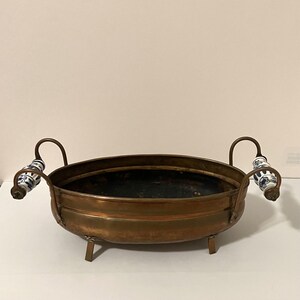 Vintage Copper Oval Jardiniere Planter Blue White Delft Style Ceramic Handles 15 Inch