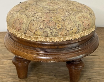 Vintage Round Upholstered Footstool Floral Tapestry Wood Foot Rest Ottoman Cottagecore Decor