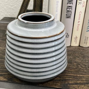 Vintage Ribbed Studio Pottery Vase Gray Blue Ceramic Bud Vase 1980s