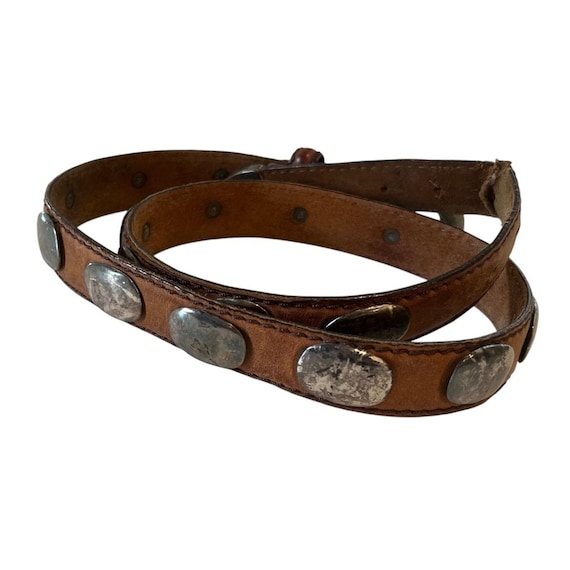 Vintage 1970s Brown Leather Concho Belt Silver Tone Oval  display picture 1