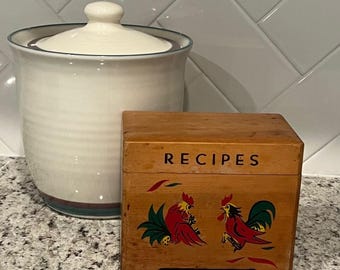 Vintage 1950s Japanese Wooden Recipe Box Rooster Kitchen Storage Folk Art Decor