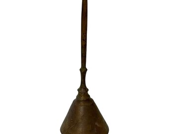 Vintage Etched Brass Hand Bell Ornate Design Small Dark Patina