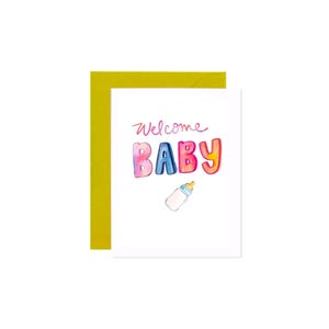 Cartão de boas-vindas para bebê – Cartão de chá de bebê tie-dye com ilustração de mamadeira | Cartão de bebê neutro | Interior em branco | Envelope verde-amarelado