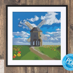 Windmill Cross Stitch Pattern | Landscape Embroidery | Countryside Landscape | Meadow | Nature Cross Stitch | Downloadable Pattern