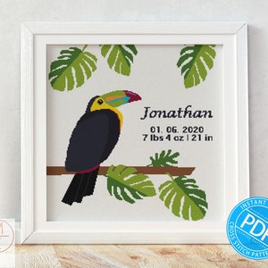 Baby Birth Announcement Cross Stitch Pattern | Toucan | Nursery Decor | Personalized Gift | Baby Shower | Customizable | Instant Download
