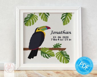 Baby Birth Announcement Cross Stitch Pattern | Toucan | Nursery Decor | Personalized Gift | Baby Shower | Customizable | Instant Download