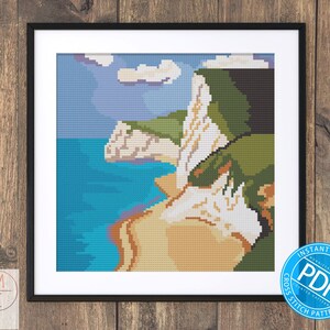Patrón de punto de cruz de acantilados / Bordado de paisaje / Paisaje marino / Patrón de playa / Punto de cruz de naturaleza / Patrón descargable