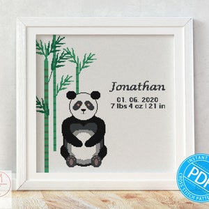 Baby Birth Announcement Cross Stitch Pattern | Panda | Nursery Decor | Personalized Gift | Baby Shower | Customizable | Instant Download