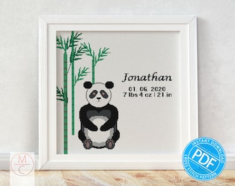 Baby Geburtsanzeige Kreuzstichmuster | Panda | Kinderzimmer Dekor | Personalisiertes Geschenk | Babyparty | Individualisierbar | Sofort Download