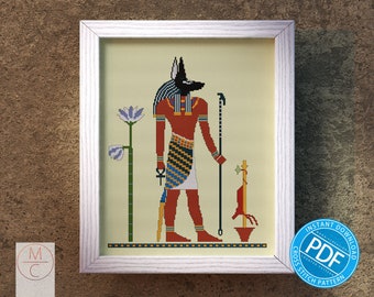 Patrón de punto de cruz egipcio / Dios Anubis / Dios egipcio / Antiguo Egipto / Mitología - Patrón de bordado / Diseño - Descarga instantánea