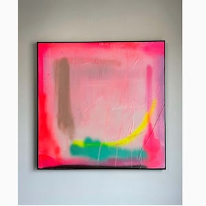 Neon Pink Square  24x24 inch original abstract - Vibrant - aerosol - blue acrylic - Abstract - hot pink orange - contemporary - modern art