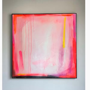 Neon Pink Square  36x36 inch original abstract - Vibrant - aerosol - pastel acrylic Abstract - hot pink orange - contemporary - modern