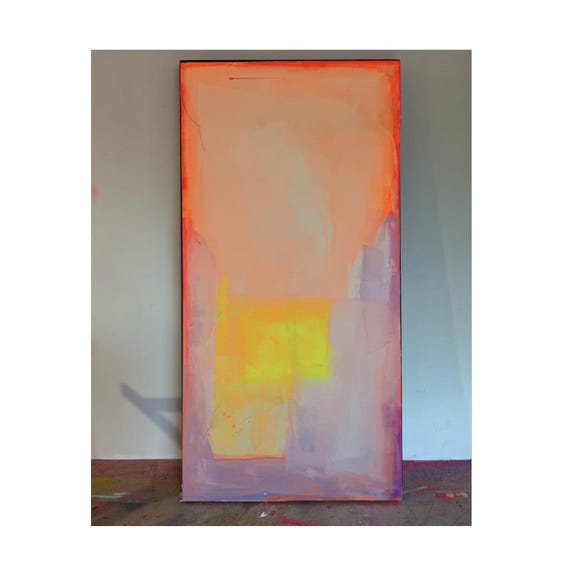 大きな抽象ネオンアクリル画：カラフルなテクスチャ、36x60未延伸