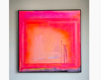Neon Hot Pink Abstract Oil Painting: Textured Modern Wall Decor (36x36 inch)