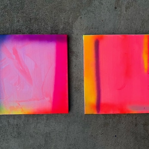 2 paintings 1x1 feet Neon pink neon yellow bright Square  12x12 inch brown original abstract acrylic - Abstract contemporary modern art neon
