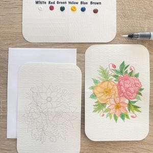May include: A watercolor paint palette with the text "Paint palette" and color swatches: white, red, green, yellow, blue, and brown. A watercolor painting of flowers and a floral sketch are also shown.