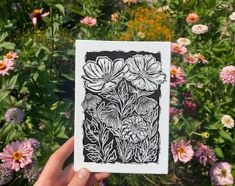 Floral Block Print Handmade Botanical Art Minimalist Home Decor