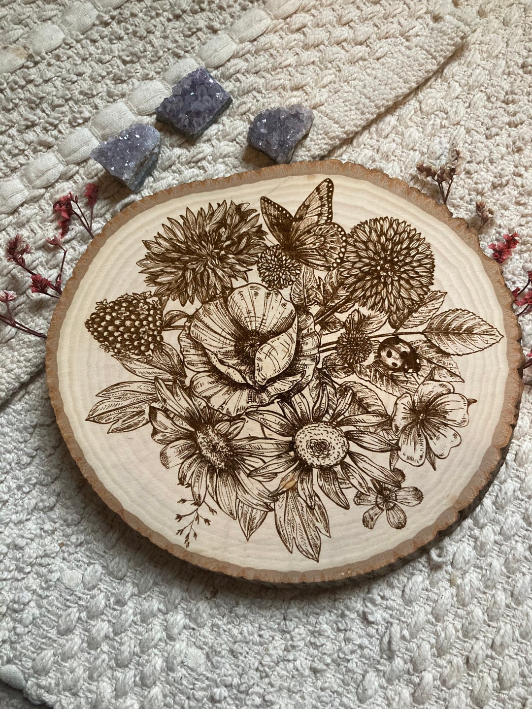 Wildflower Wood Burning, Flower Wood Engraving, Butterfly Wood Burning