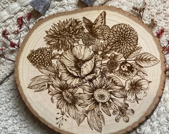 Wildflower wood burning, flower wood engraving, butterfly wood burning. rustic wood burned wall decor, floral sign, wood slice wall art.