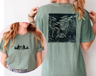 Camping-T-shirt | Geometriskt skogstryck, gåva för naturälskare