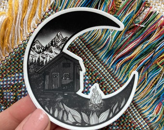 Moon Cabin Sticker Adventure Sticker, Outdoors Sticker, Nature sticker, Hiker Sticker, cabin in the woods Sticker. travel sticker.