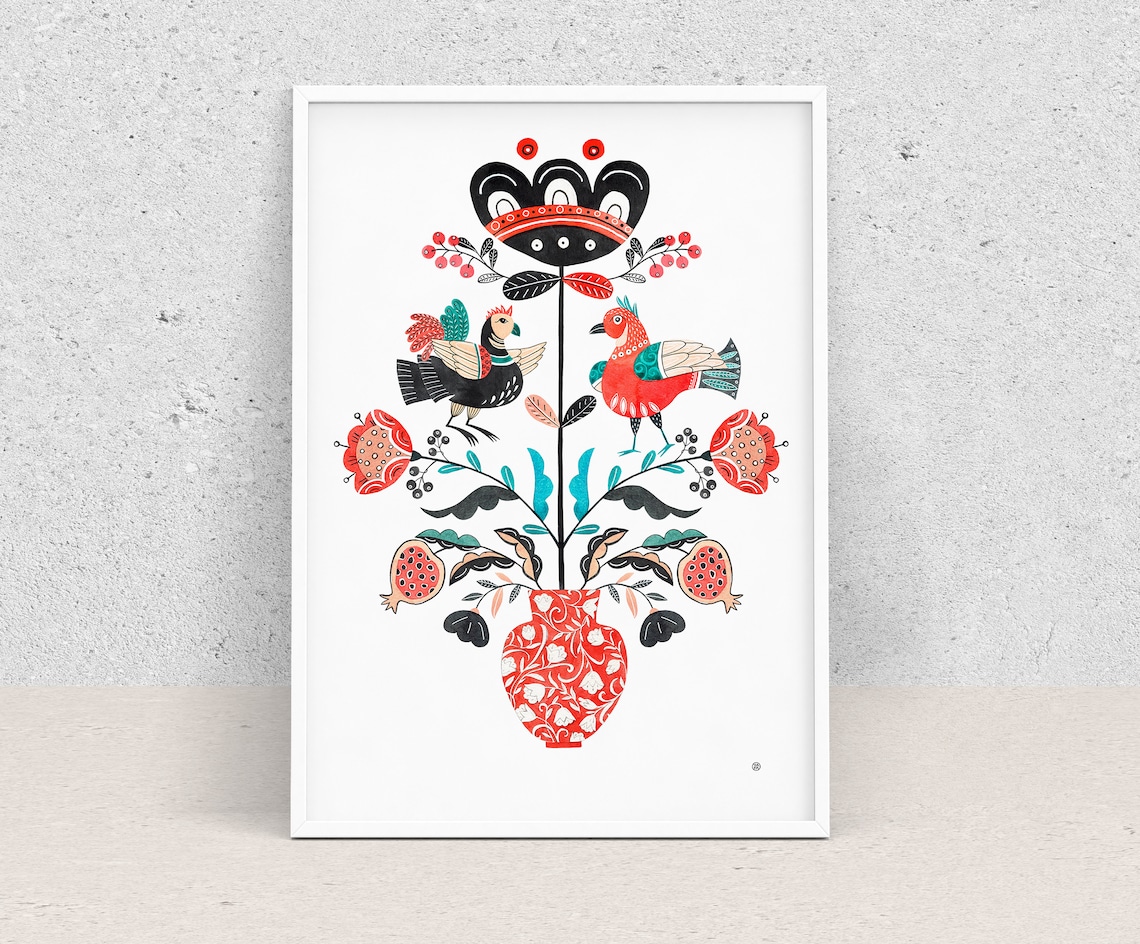 Scandinavian Folk Art Bird Retro Nordic decor Folk art print Etsy