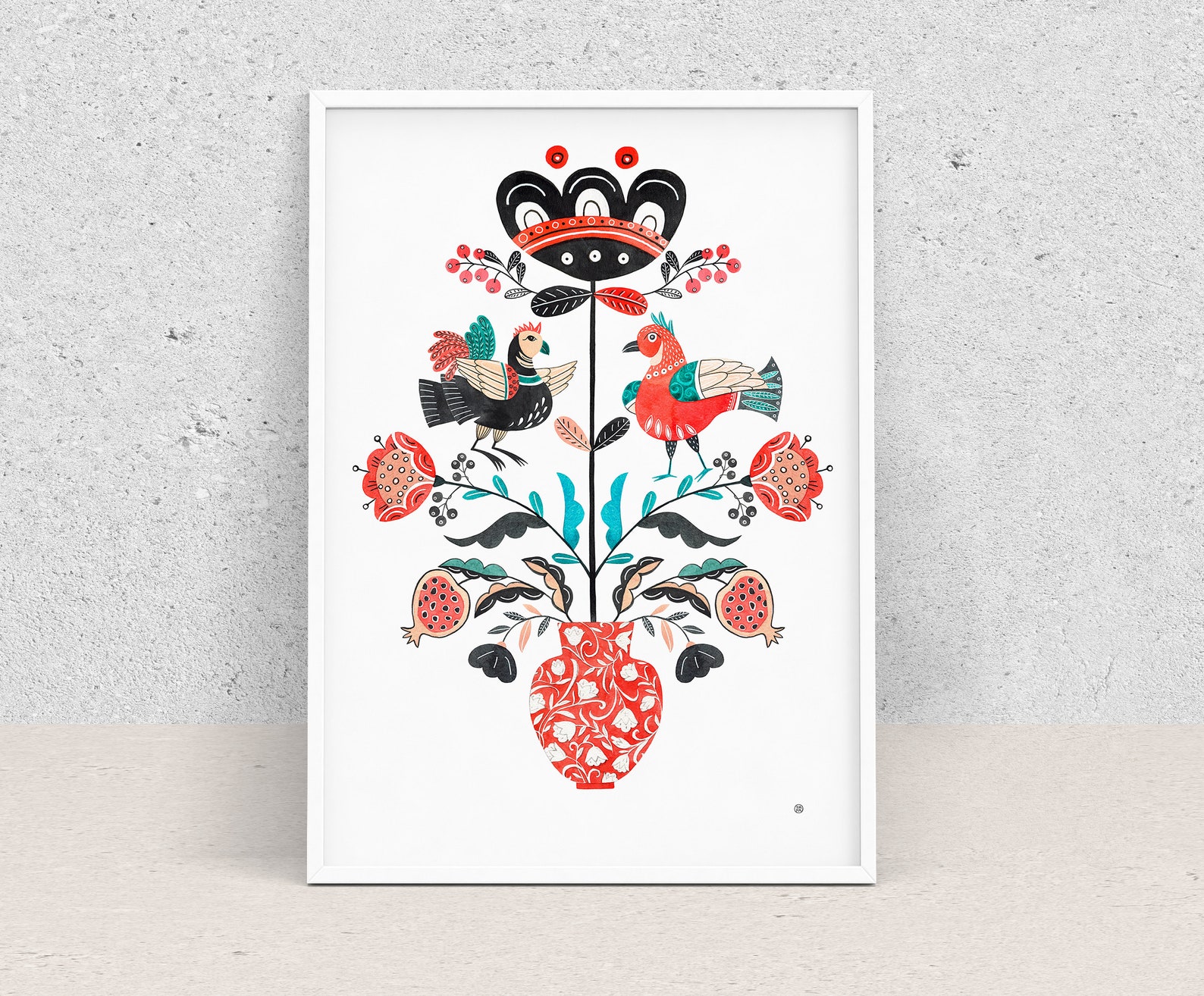 Scandinavian Folk Art Bird Retro Nordic decor Folk art print Etsy