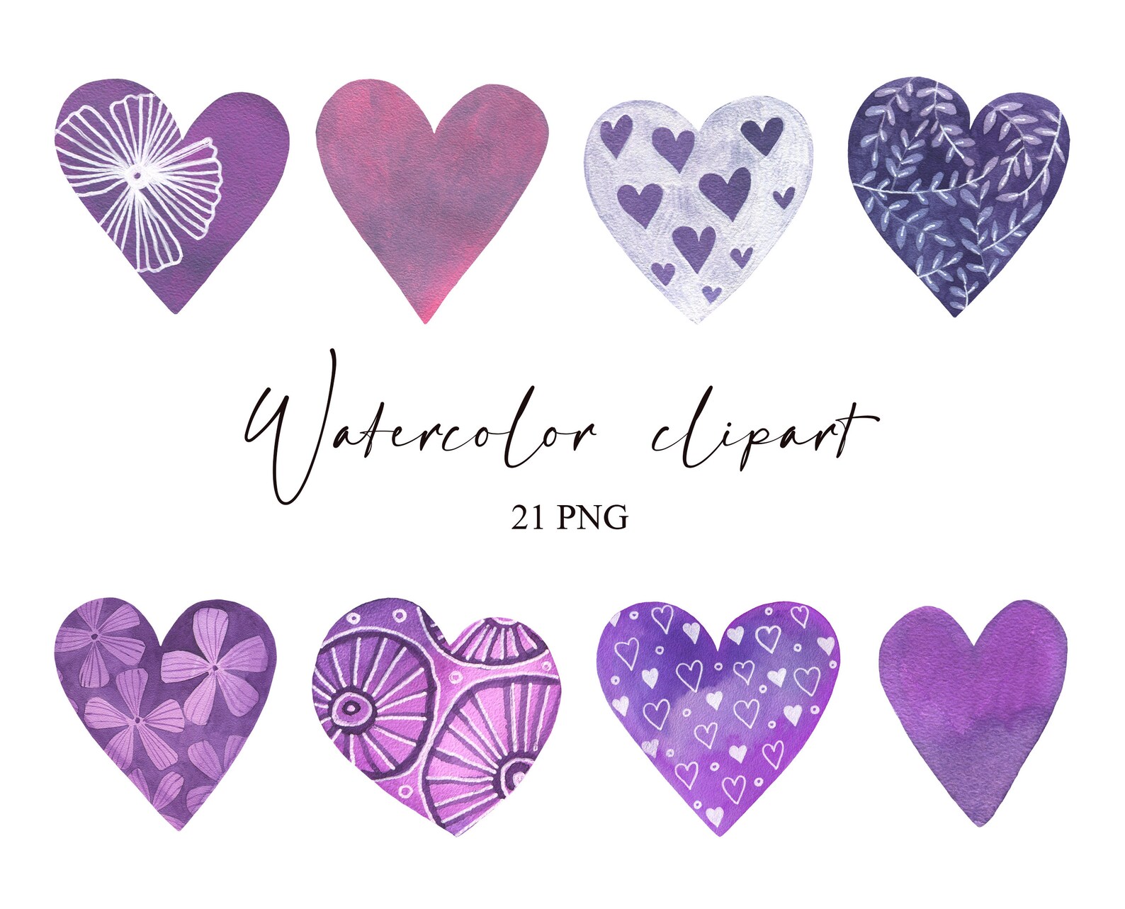 Watercolor Purple Hearts Clipart Instant Download Valentines Etsy