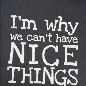 May include: A dark grey t-shirt with white text that reads "I'm why we can't have NICE THINGS".