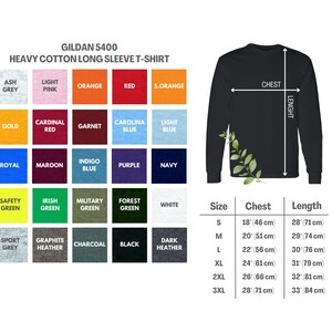 May include: A chart showing the size, chest, and length measurements for Gildan 5400 heavy cotton long sleeve t-shirts. The chart shows sizes S through 3XL with measurements in inches and centimeters. The chart also shows a color chart with 20 different color options for the t-shirts.