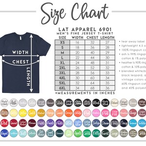 May include: Size chart for men's fine jersey t-shirts. The chart shows the width, chest, and length measurements in inches for sizes XS to 6XL. The chart also includes information about the fabric composition and care instructions.