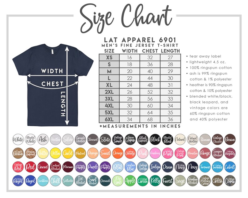 May include: Size chart for men's fine jersey t-shirts. The chart shows the width, chest, and length measurements in inches for sizes XS to 6XL. The chart also includes information about the fabric composition and care instructions.