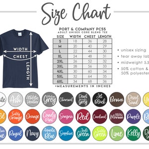 May include: Size chart for a unisex core blend t-shirt. The chart shows sizes S through 6XL with corresponding width, chest, and length measurements in inches. The chart also includes information about the fabric composition and features, such as tear-away label and midweight fabric.