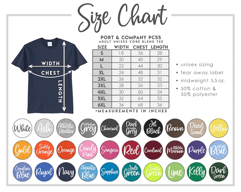 May include: Size chart for a unisex core blend t-shirt. The chart shows sizes S through 6XL with corresponding width, chest, and length measurements in inches. The chart also includes information about the fabric composition and features, such as tear-away label and midweight fabric.