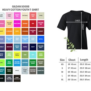 May include: A size chart for Gildan 5000B youth t-shirts. The chart shows the chest and length measurements in inches and centimeters for sizes XS, S, M, L, and XL. The chart is displayed on a white background.