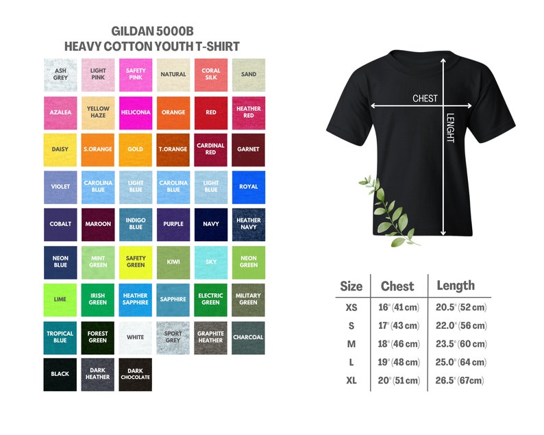 May include: A size chart for Gildan 5000B youth t-shirts. The chart shows the chest and length measurements in inches and centimeters for sizes XS, S, M, L, and XL. The chart is displayed on a white background.