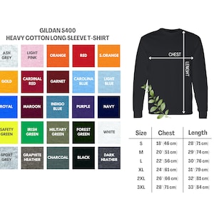 K&ouml;nnte beinhalten: Eine Tabelle mit den Gr&ouml;&szlig;en-, Brust- und L&auml;ngenma&szlig;en f&uuml;r Gildan 5400 Heavy Cotton Long Sleeve T-Shirts. Die Tabelle zeigt die Gr&ouml;&szlig;en S bis 3XL mit Ma&szlig;en in Zoll und Zentimetern. Die Tabelle zeigt auch eine Farbkarte mit 20 verschiedenen Farboptionen f&uuml;r die T-Shirts.