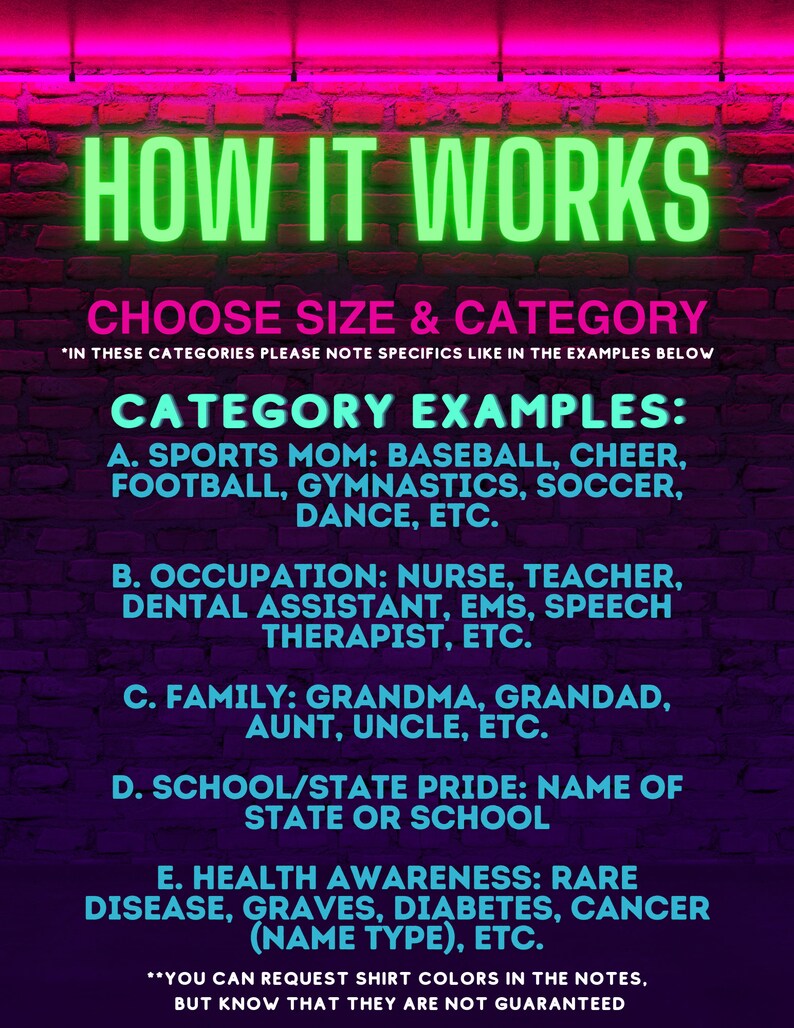 Pode incluir: Uma placa de n&eacute;on numa parede de tijolos com o texto "HOW IT WORKS". Abaixo, o texto explica como escolher um tamanho e uma categoria. Exemplos: desporto, profiss&atilde;o, fam&iacute;lia, orgulho escolar e sensibiliza&ccedil;&atilde;o para a sa&uacute;de.