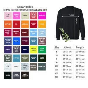 Pode incluir: Uma tabela de tamanhos para sweatshirts de mistura pesada com gola redonda Gildan 18000. A tabela mostra o tamanho, a medida do peito em polegadas e cent&iacute;metros, e a medida do comprimento em polegadas e cent&iacute;metros. Os tamanhos variam do S ao 5XL.