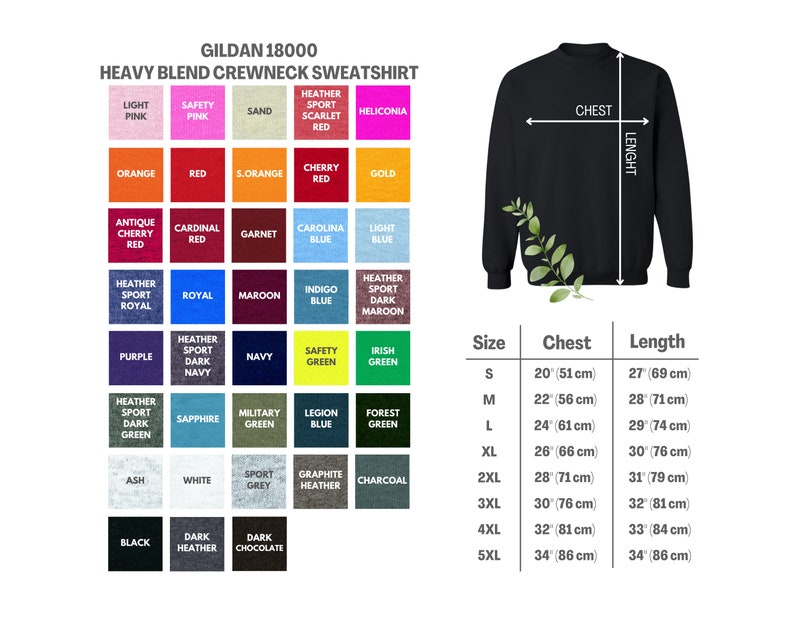 Pode incluir: Uma tabela de tamanhos para sweatshirts de mistura pesada com gola redonda Gildan 18000. A tabela mostra o tamanho, a medida do peito em polegadas e cent&iacute;metros, e a medida do comprimento em polegadas e cent&iacute;metros. Os tamanhos variam do S ao 5XL.