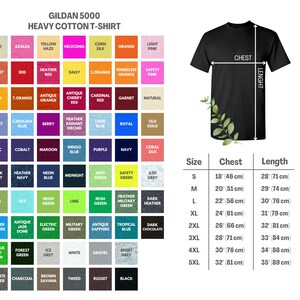 Pode incluir: Uma tabela de tamanhos para camisetas de algod&atilde;o pesado Gildan 5000. A tabela mostra o tamanho, a medida do peito em polegadas e cent&iacute;metros, e a medida do comprimento em polegadas e cent&iacute;metros. Os tamanhos variam do S ao 5XL.