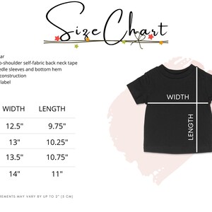 May include: Size chart for a t-shirt with measurements in inches. The chart shows the width and length of the shirt in sizes 6M, 12M, 18M, and 24M. The text "Product measurements may vary by up to 2" (5 cm)" is at the bottom of the chart.