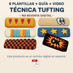 May include: An image showcasing six colorful tufting templates with various designs, including stars, cartoon eyes, and a checkered pattern. The text "6 Templates + Guide + Video" and "Technique Tufting" are visible. The text "OK" is also visible.
