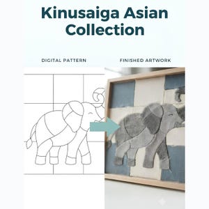 May include: A Kinusaiga Asian Collection display showing a digital pattern of an elephant on the left and a finished fabric artwork of the same elephant in a wooden frame on the right, connected by a light blue arrow pointing to the right.