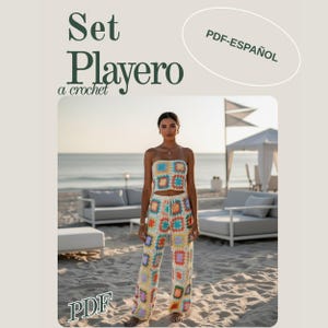 Op de afbeelding: Een gehaakte set, bestaande uit een tube top en broek, in een patchwork ontwerp met vierkanten in verschillende kleuren. De tekst "Set Playero a crochet" staat bovenaan, met "PDF-ESPAÑOL" in een ovaal. Het woord "PDF" staat onderaan.