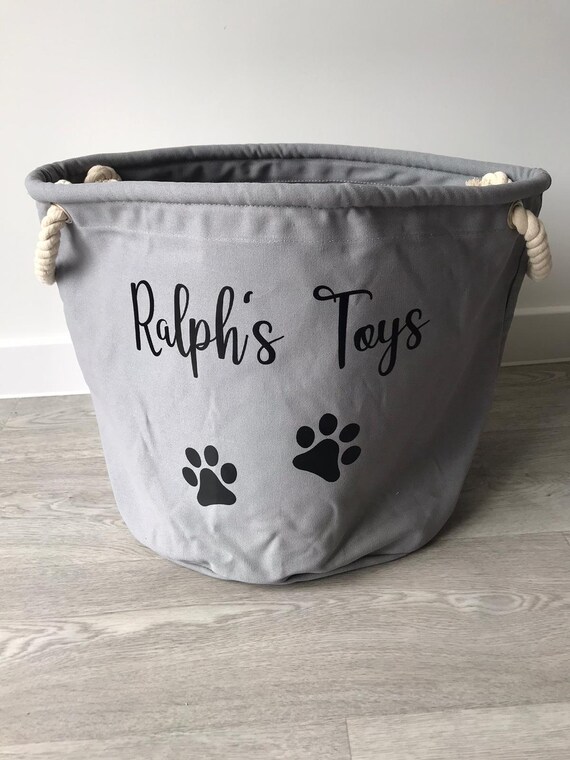 Grey Personalised Dog Toy Storage Basket Durable Cotton Canvas Bag Dog  Toys paw Print Pet Storage Gift