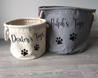 Grijs gepersonaliseerde hond speelgoed opbergmand - duurzaam katoen canvas tas - hondenspeelgoed - poot print - huisdier opslag - cadeau