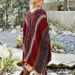 Colorful Crochet Patterned Ruana, Crochet Poncho Pattern, Crochet Wrap, Shrug, Crochet Sweater Pattern, Wrap Pattern, Crochet Womens Top YP-4087 Maroon