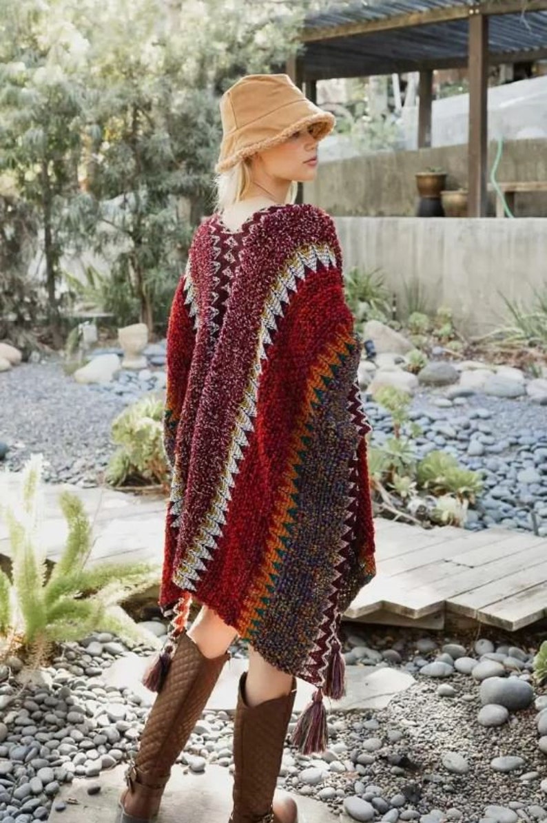 Colorful Crochet Patterned Ruana, Crochet Poncho Pattern, Crochet Wrap, Shrug, Crochet Sweater Pattern, Wrap Pattern, Crochet Womens Top YP-4087 Maroon